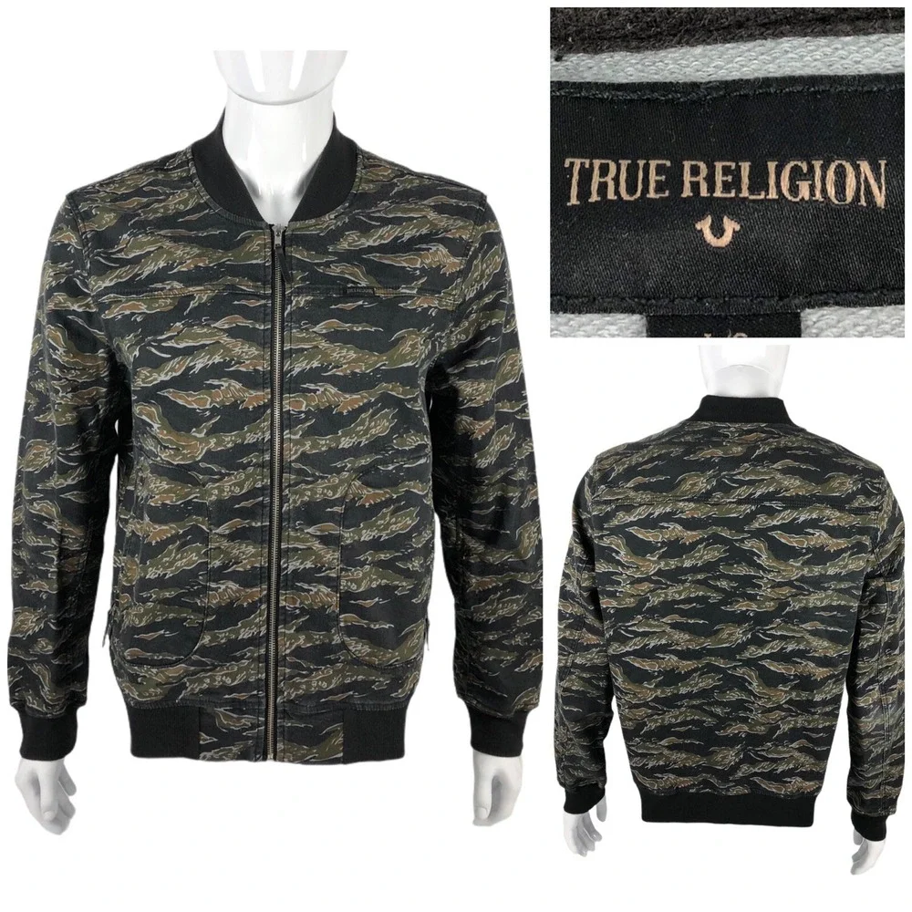 True Religion Mens Large Runner Jacket Camouflague Full Zip Faded Cotton Blend